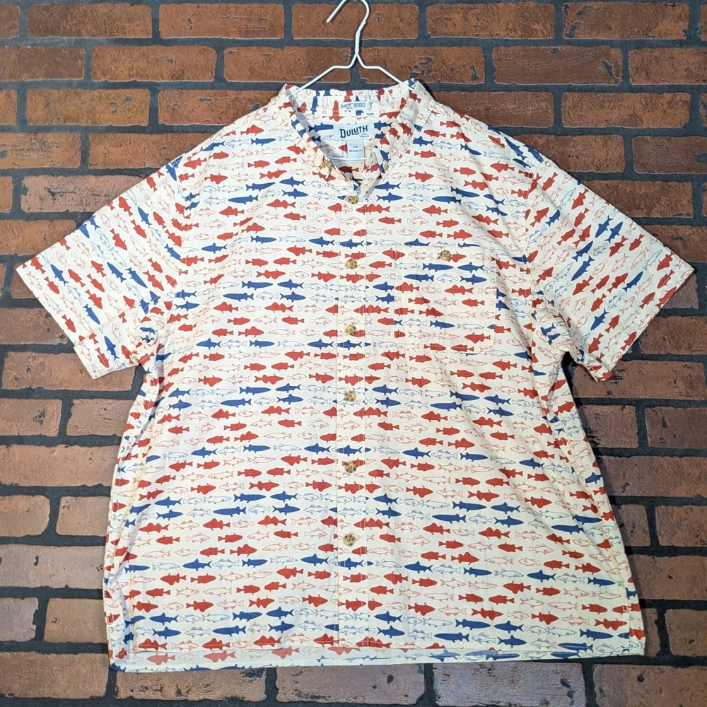 Duluth Men's Untucked Relaxed Fit Red White Blue Fish Print Short Sleeve Shirt - Picture 2 of 12